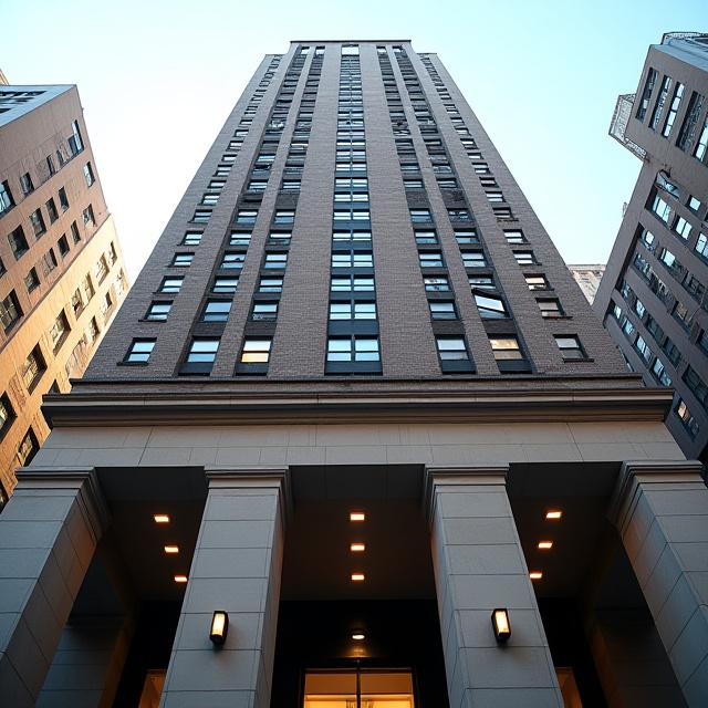 Modern New York office building facade looking up toward Clinton Avenue